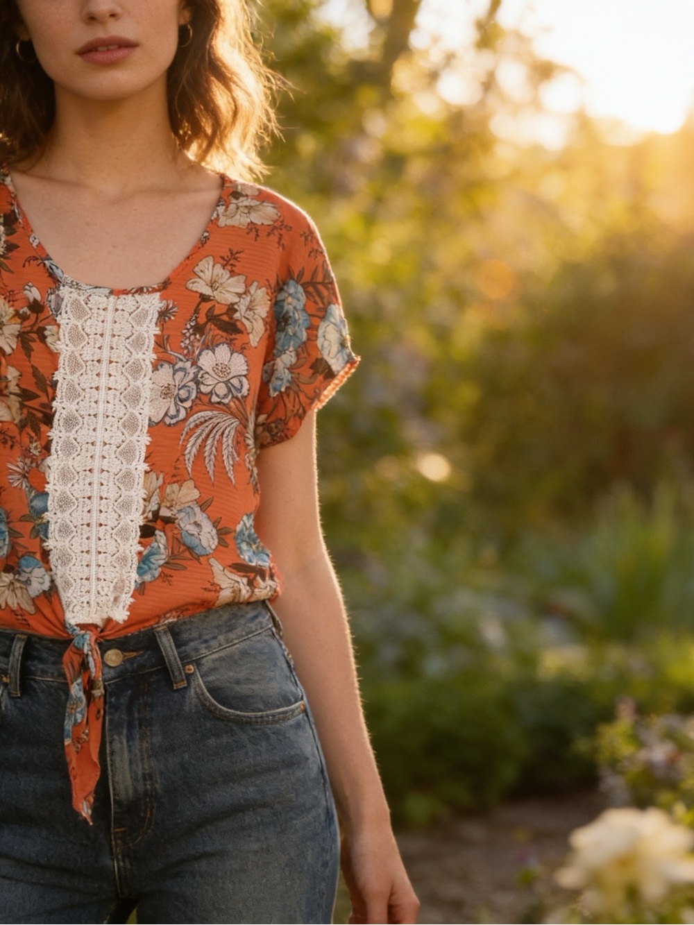 ABOUT A GIRL Orange Floral Lace-Trim Blouse